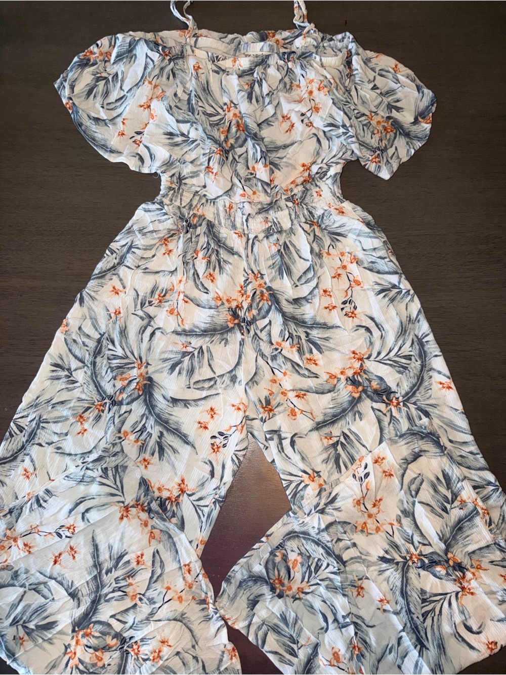 Rip Curl White Floral Off-Shoulder Wide-Leg Jumpsuit with Blue and Orange Print